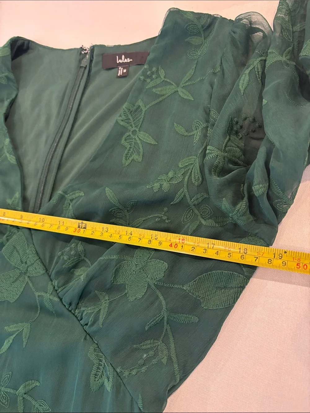 Lulu's Emerald Green V-Neck Floral Embroidered Sheer-Long Sleeve Mini Dress. Med